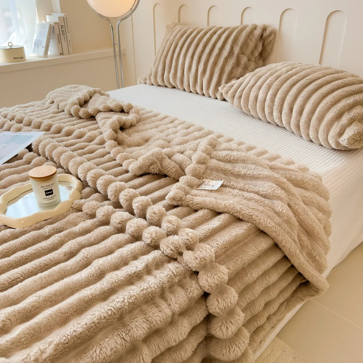 Solid color thickened wide striped multifunctional blanket