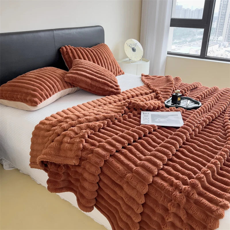 Solid color thickened wide striped multifunctional blanket