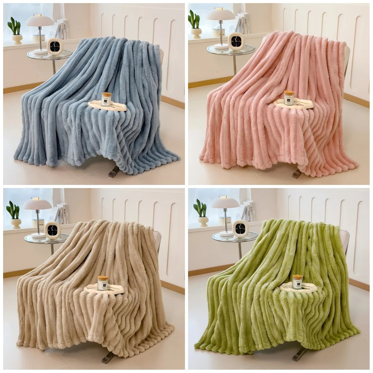 Solid color thickened wide striped multifunctional blanket