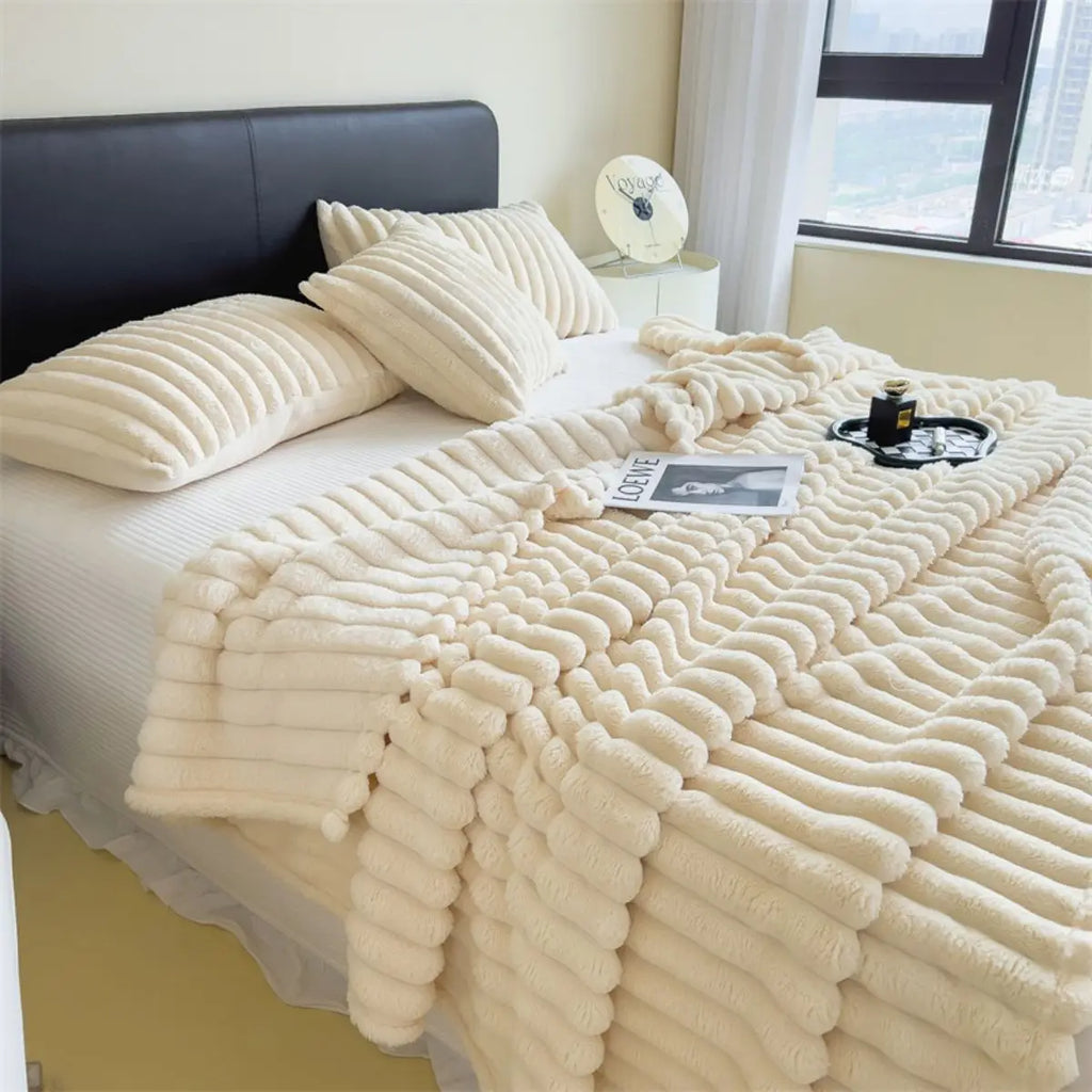 Solid color thickened wide striped multifunctional blanket