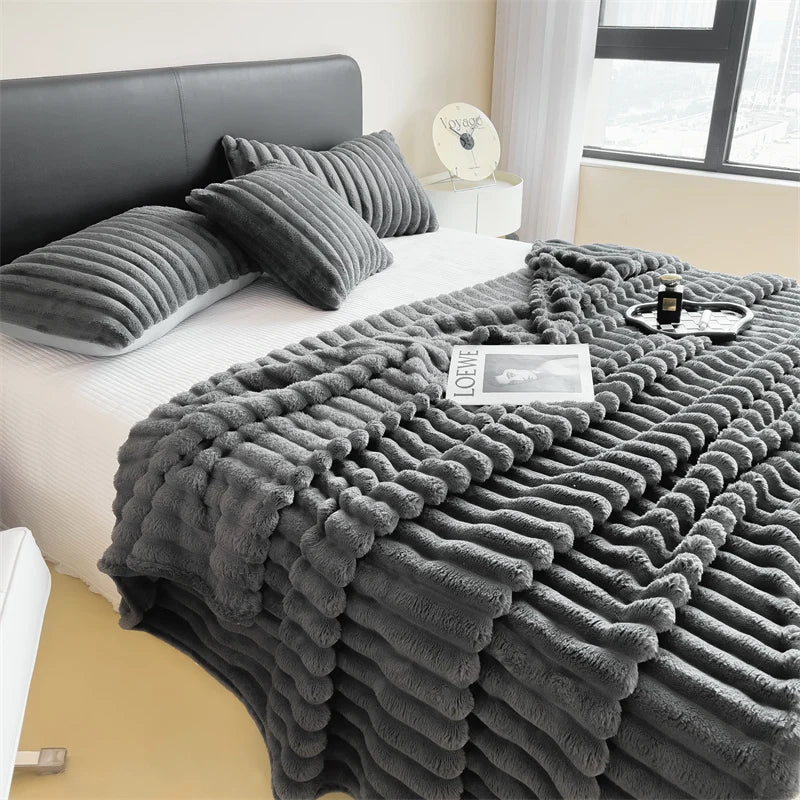 Solid color thickened wide striped multifunctional blanket