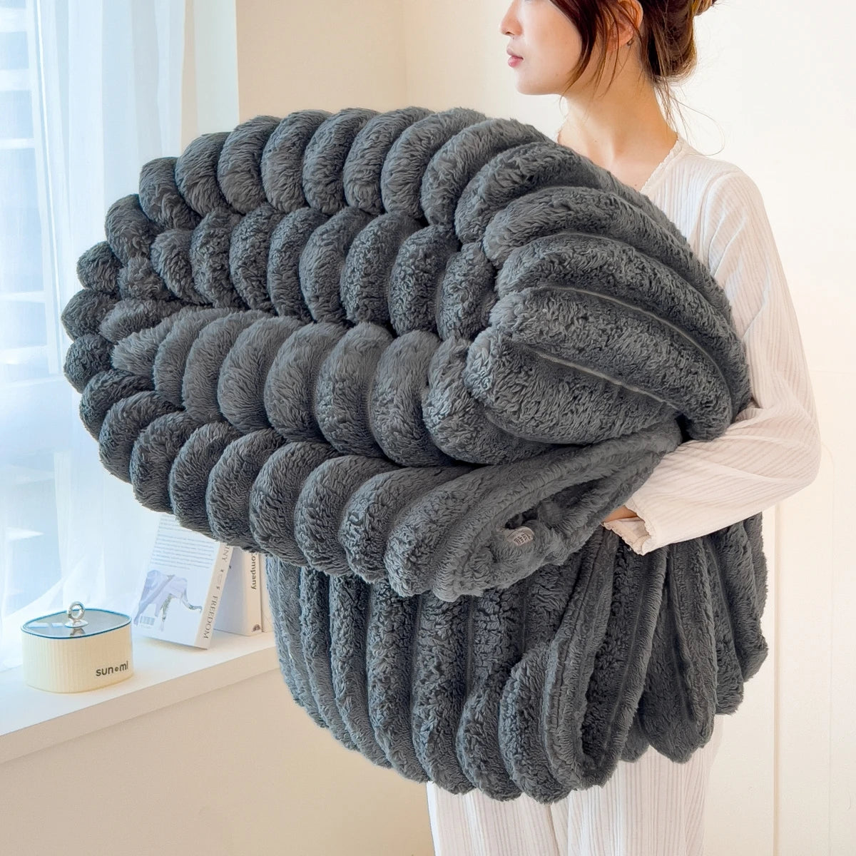 Solid color thickened wide striped multifunctional blanket
