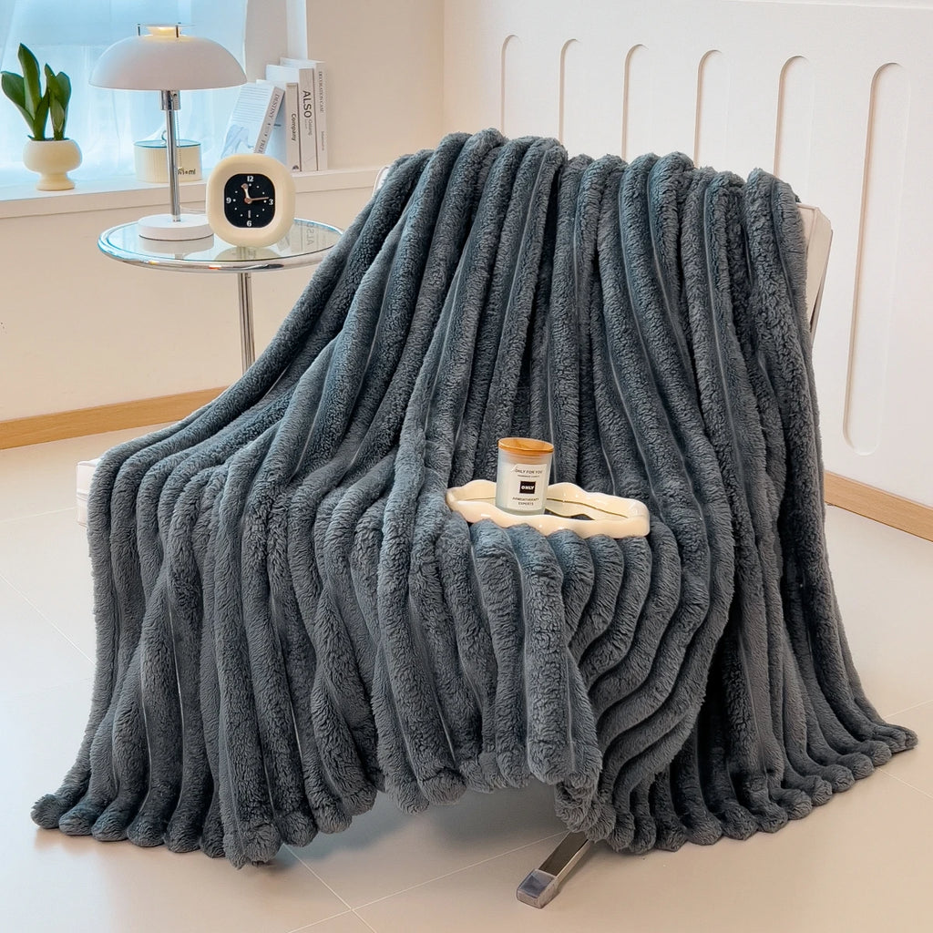 Solid color thickened wide striped multifunctional blanket