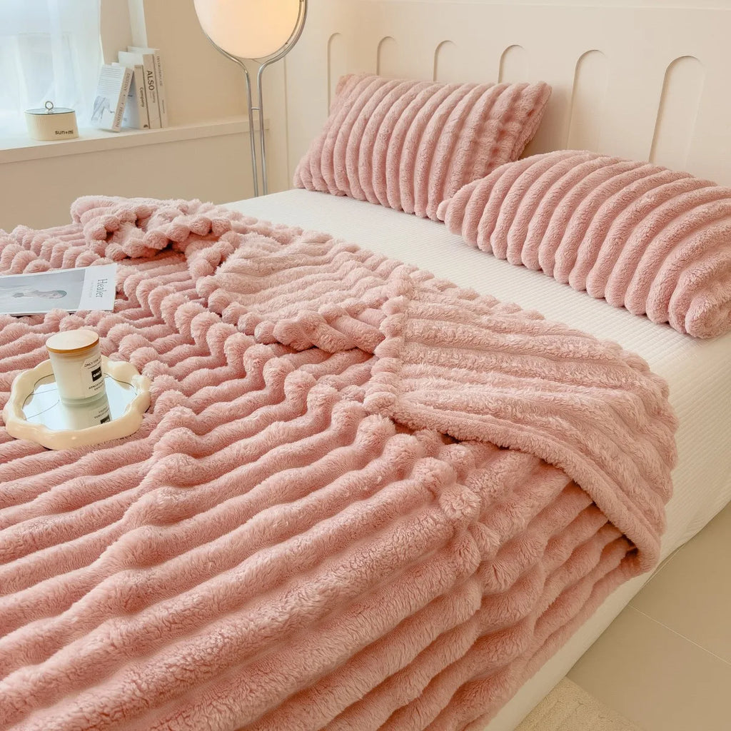 Solid color thickened wide striped multifunctional blanket